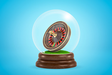 Poster - 3d rendering of miniatured casino wheel inside glass ball globe on light blue background.