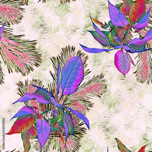 Christmas with poinsettia and fir, seamless pattern.
