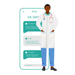 Poster - Remote doctor consultation smartphone vector app screen. Online chat with physician. Mobile phone displays with cartoon characters design mockup. Telemedicine application telephone interface