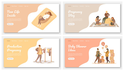 Poster - Happy pregnancy landing page vector template. Maternity awaiting website interface idea with flat illustrations. Prenatal care homepage layout. Maternal lifestyle web banner, webpage cartoon concept