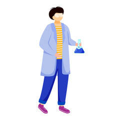 Fototapete - Science student in lab coat flat vector illustration. Boy studies chemistry. Practical lessons in university. Man with laboratory flask and glasses isolated cartoon character on white background