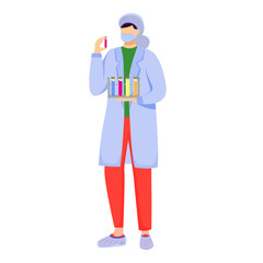 Fototapete - Scientist in lab coat with mask protection flat vector illustration. Studying medicine, chemistry. Conducting experiment. Woman with test tubes isolated cartoon character on white background