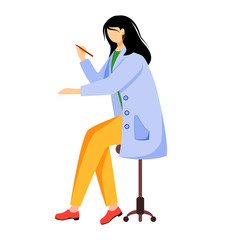 Fototapete - Scientist in blue lab coat flat vector illustration. Creating schemes, models. Designing, drawing and writting. Woman holding pen, pencil isolated cartoon character on white background