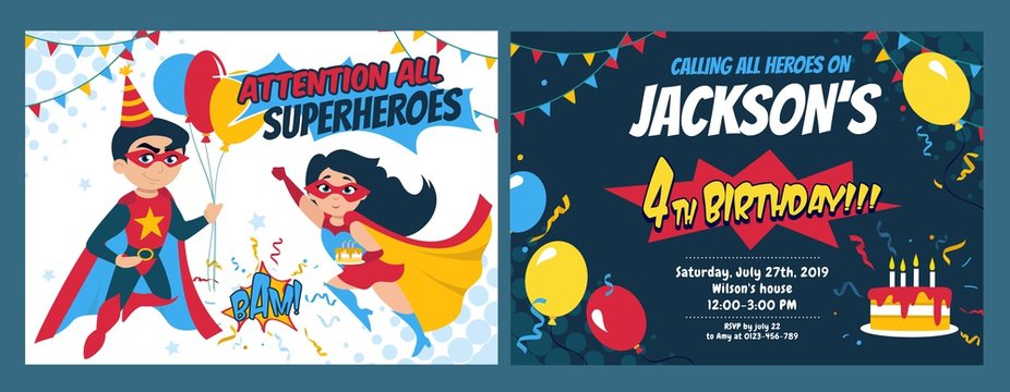 Wall Mural - Birthday party invitation card with cute girl and boy heroes vector illustration. Festive inviting template with superheroes, balloons and holiday cake. Kids birth concept