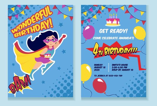 Wall Mural - Birthday party invitation card with cute girl vector illustration. Birth inviting template with funny kid in superhero costume, air balloons and holiday cake