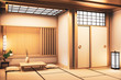 Ryokan living room japanese style on wall wooden decoraion.3D rendering
