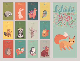 Fototapete - Calendar 2020 with Animals . Cute forest characters.