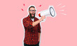 Fashion portrait of emotional hipster man with megaphone in stylish sunglasses. Sales man using megaphone yelling. Discount, sale, season sales.