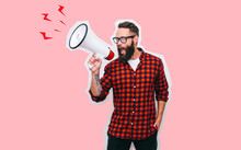Fashion Portrait Of Emotional Hipster Man With Megaphone In Stylish Sunglasses. Sales Man Using Megaphone Yelling. Discount, Sale, Season Sales.
