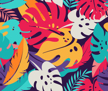 Tropical Leaves, Exotic Colorful Seamless Pattern And Background 