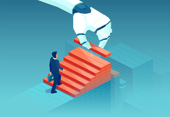 Wall Mural - Vector of a robot hand stacking blocks as a stair to assist businessman career