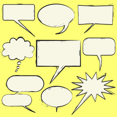 Set of 9 speech bubbles in a comic book ink style, isolated on a yellow background