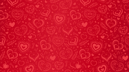 Vector red background with hand drawn hearts and flowers. Can be used for poster, greeting card and invitations.