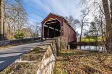 Zook's Mill Covered Bridge Spanning Cocalico Creek In Lancaster County, Pennsylvania