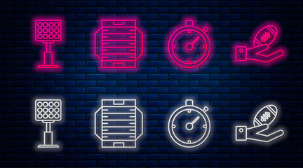 Poster - Set line American football field, Stopwatch, Bright stadium lights and American Football ball on hand. Glowing neon icon on brick wall. Vector