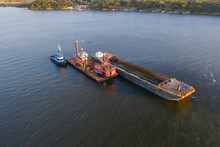 Aerial View Of River Dredging Equipment In St. Johns River. 