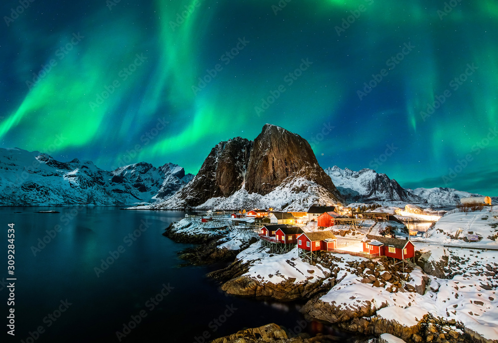 Aurora borealis over Hamnoy in Norway - obrazy, fototapety, plakaty 