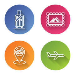 Sticker - Set line Suitcase for travel and stickers, Postal stamp and Egypt pyramids, Map pointer with Egypt pyramids and Plane. Color circle button. Vector