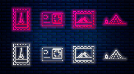 Wall Mural - Set line Action extreme camera, Postal stamp and Egypt pyramids, Postal stamp and Eiffel tower and Tourist tent with wood fire. Glowing neon icon on brick wall. Vector