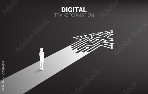 Cuadros en Lienzo Silhouette of businessman standing on the way with dot connect line circuit