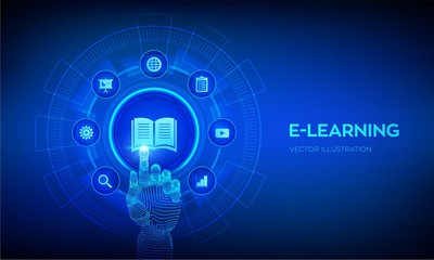 Wall Mural - E-learning. Innovative online education and internet technology concept. Webinar, teaching, online training courses. Skill development. Robotic hand touching digital interface. Vector illustration.