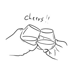 two hands cheering with glasses of alcohol vector illustration sketch doodle hand drawn with black lines isolated on white background