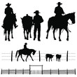 A vector silhouettes of a working ranch cowboy and his horse.