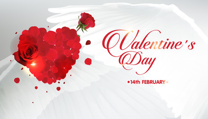 Valentines day vector banner.red rose petals heart shape on white wing background.