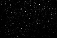 Chaotic White Star Bokeh On A Isolated Black Background. Falling Blurry Bokeh Snow Overlay, Starry Sky. White Spots On Black Background, White Drops And Spots. Abstraction.