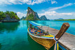 © day2505 - Beautiful nature scenic landscape Phang-Nga bay with wooden boat moored on pier waiting traveler, Water travel adventure Phuket Thailand, Tourism destination scenery Asia, Summer holiday vacation trip