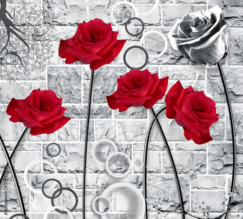 Naklejka na szybę 3d mural wallpaper red flowers and circles in black and white wall bricks .