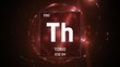 3D illustration of Thorium as Element 90 of the Periodic Table. Red illuminated atom design background with orbiting electrons. Name, atomic weight, element number in Spanish language