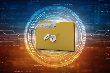 Poster - Key on locked yellow folder. 3D illustration