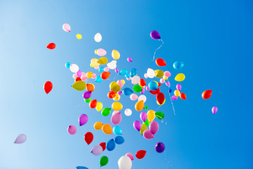 Wall Mural - Colorful multicolored inflatable balls fly in air against background blue sky during festive festival. Salute in sky from colorful balloons. Happy holiday background