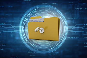 Poster - Key on locked yellow folder. 3D illustration