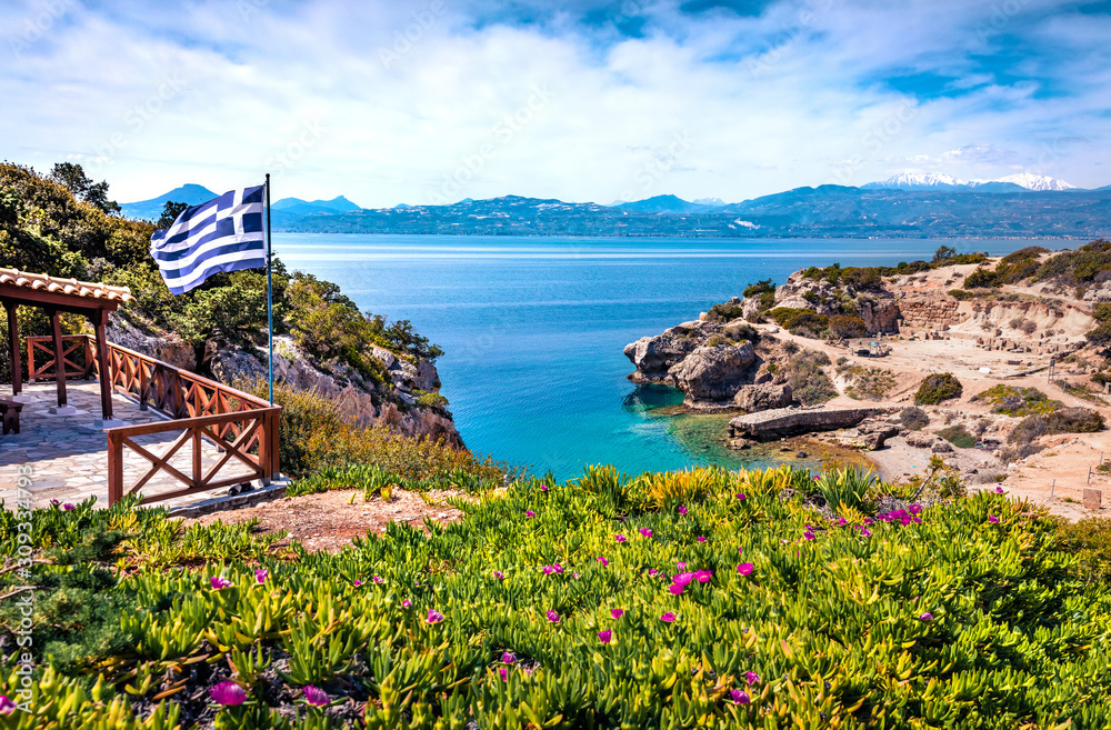 Splendid morning view of West Court of Heraion of Perachora, Limni Vouliagmenis location, Greece, Europe.  Sunny spring seascape of Aegean sea. Traveling concept background. - obrazy, fototapety, plakaty 
