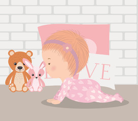 Poster - Cute baby girl with pillows vector design