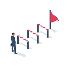 Conquering Adversity. Hurdle On Way Concept. Businessman Obstacle Metaphor. Overcoming Obstacle On Road. Barrier On Way To Success. Vector Illustration Isometric 3d Design. Isolated White Background.