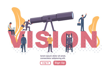 Wall Mural - Team of people standing in big letters and looks in big telescope. Business challenge search way to success goal. Visionary concept. Symbol leadership. Businessman in suit with briefcase.