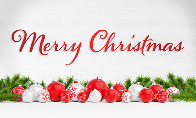 Wall Mural - Christmas card greetings with red and white christmas baubles 3D rendering