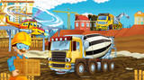 Fototapeta  - cartoon scene with industry cars on construction site and flying helicopter and plane - illustration for children