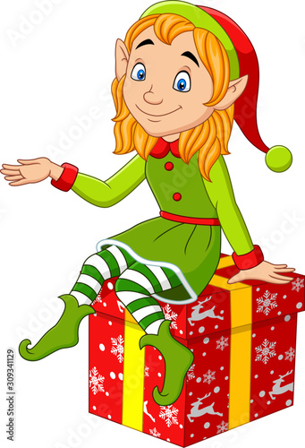 Cartoon Christmas elf sitting on the gift