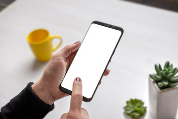 Wall Mural - Modern phone mockup ih woman hands. Isolated, blank screen for app or web site design promotion. Cup of coffee and plants on desk in background