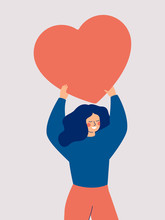 Happy Woman Holding A Red Big Heart Above Her Head Isolated On White Background. Flat Vector Illustration.