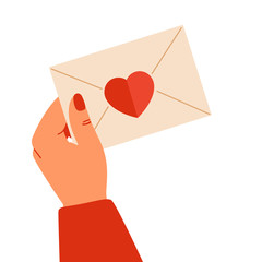 Human hand holding closed paper envelope with red heart decoration. Vector illustration for Valentine's day 