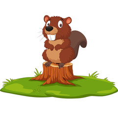 Poster - Cartoon beaver on tree stump