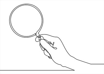 Holding magnifying glass line icon- continuous line drawing