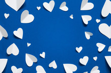 Frame With White Paper Hearts At Blue Backdrop, Top View. Color Of The Year 2020 Classic Blue. Copy Space. - Image.