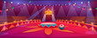 Circus arena, classic round stage under marquee dome with seats, garlands and spotlights. Empty carnival ring tent in amusement family theme park, entertainment performance Cartoon vector illustration