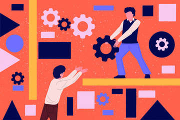 Wall Mural - Teamwork flat vector illustration. Coworkers characters communication. Team building and business partnership concepts. Businessmen people and geometrical shapes cooperation, collaboration.